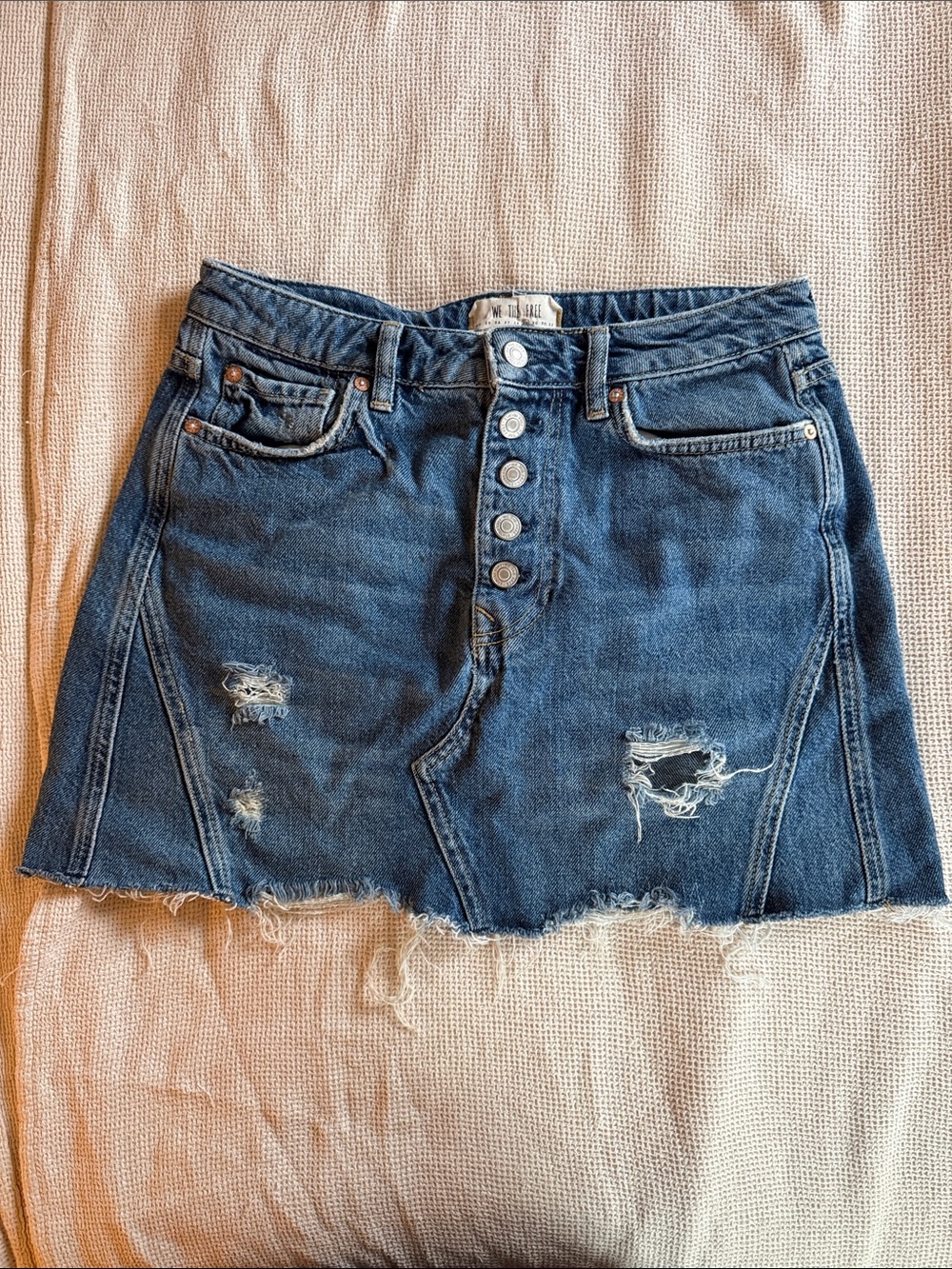 We The Free 100% Cotton Distressed Dark Blue Denim Mini Skirt